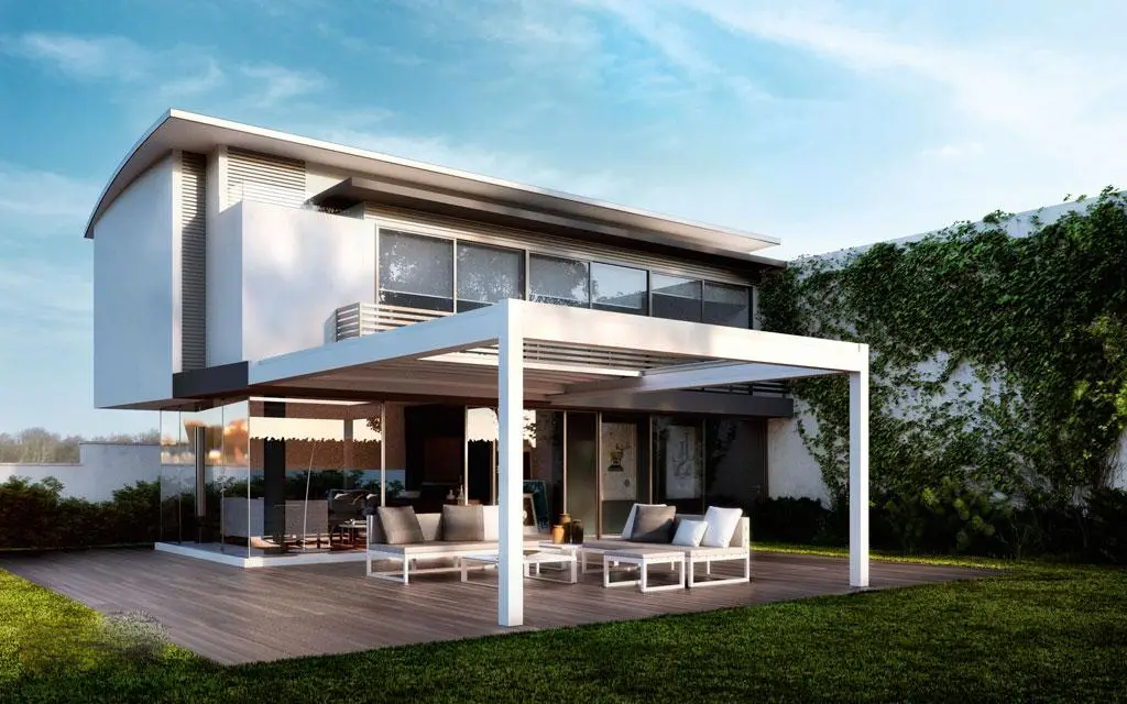 Pratic Nomo Pergola mit Lamellendach und Senkrechtmarkise